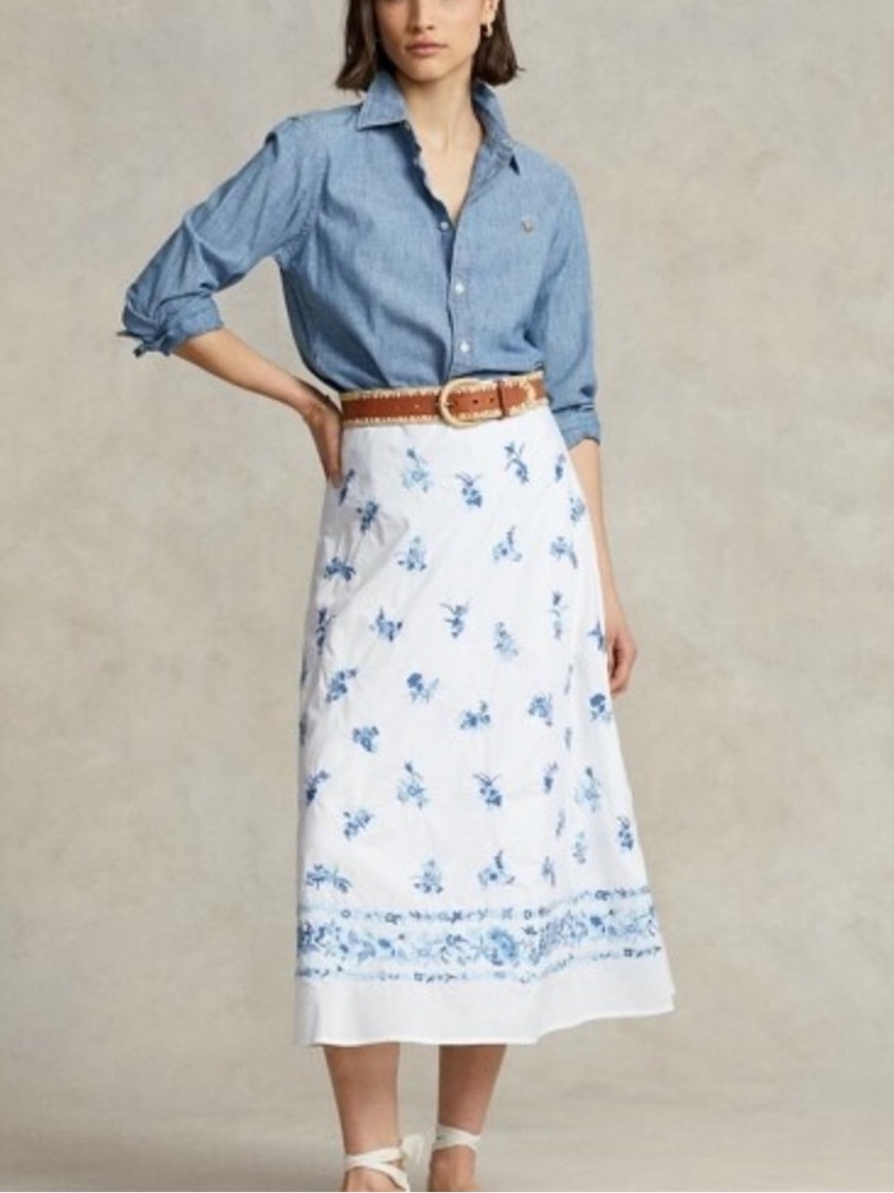 Ralph Lauren Embroidered White A line Midi Skirt Blue Floral  Feminine Romantic